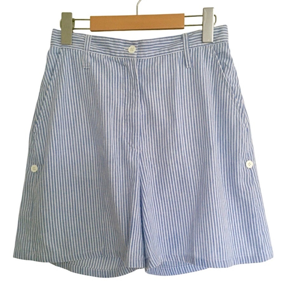 Vintage 80s Blue and White Striped Shorts Adjustable Length Pockets